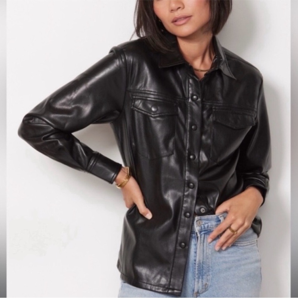 NWOT Good American Better Than Leather Black Faux Leather Shacket/Shirt. Size 1